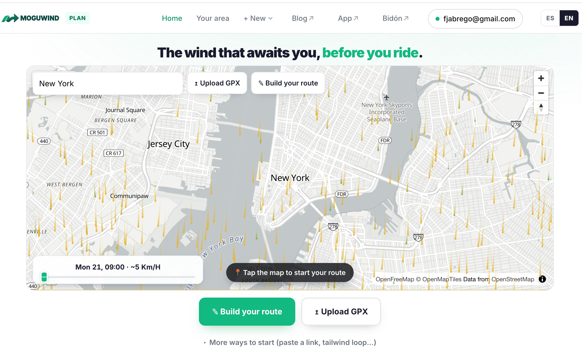 Plan your Bike Ride with Plan Moguwind based on the wind