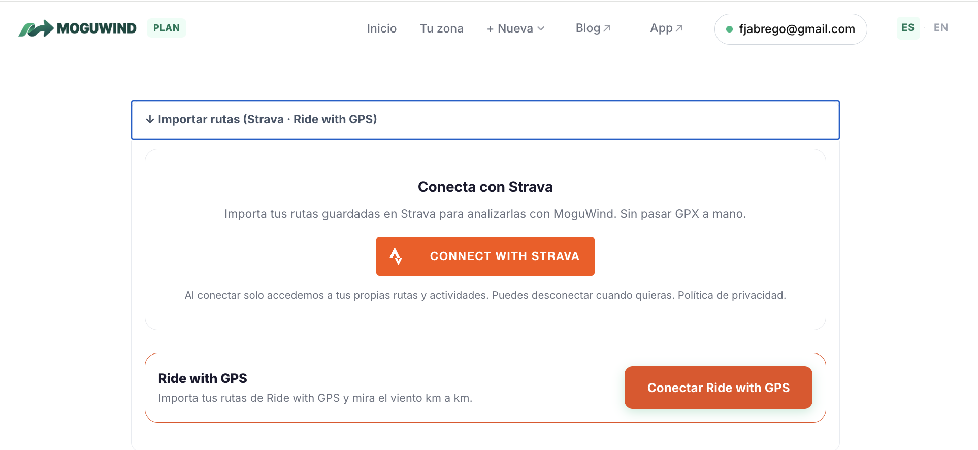 importar ruta Strava planificador MoguWind
