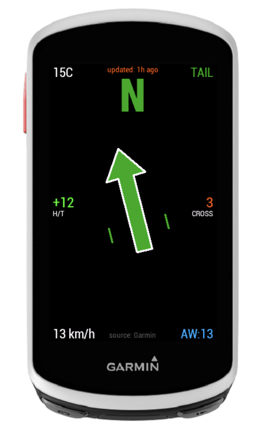 MOGUWIND cycling wind direction app on Garmin Edge with green tailwind arrow